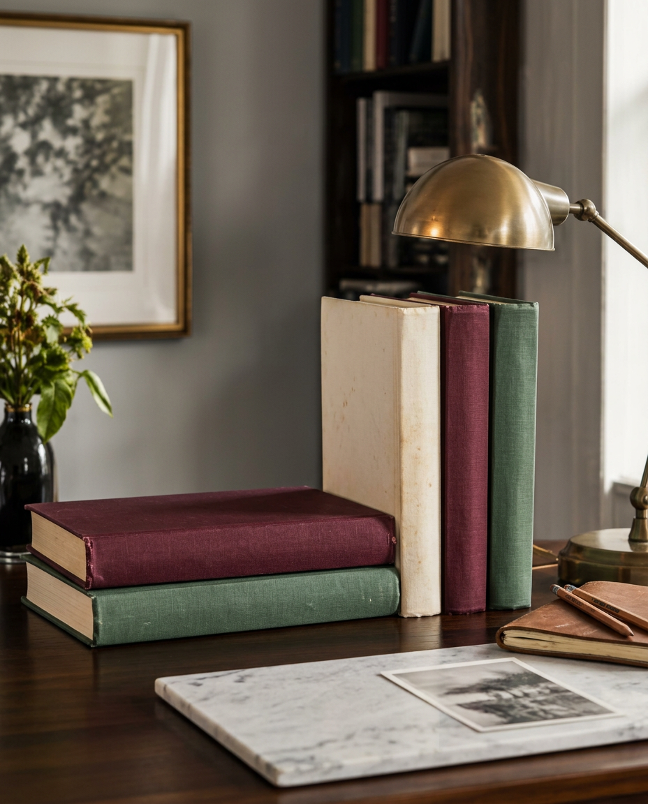 Burgundy, ivory and green hardcover books on a sunlit desk beside a brass reading lamp